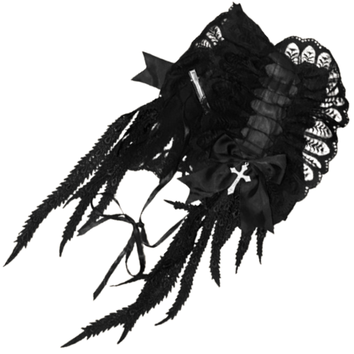 A "dragon skin" headdress with gunmetal cross pendants from h.NAOTO.