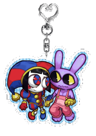 a spinning gif of an acrylic charm depicting jax and pomni holding hands.