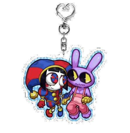 a spinning gif of an acrylic charm depicting jax and pomni holding hands.