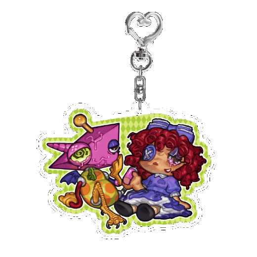 a spinning gif of an acrylic charm depicting ragatha and zooble indulging in stupid sauce.