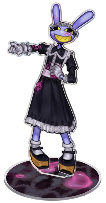an acrylic standee of jax from tadc wearing a maid dress.