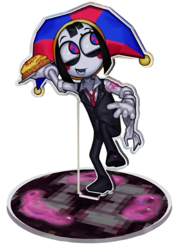 an acrylic standee of pomni from tadc wearing a butler's suit.
