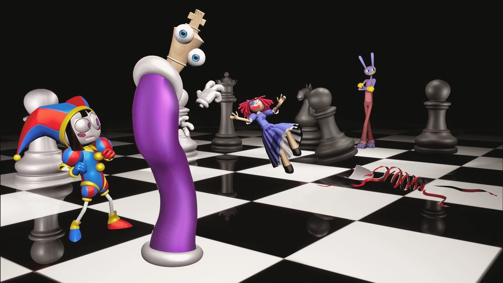 A promotional image from Glitch with Pomni, Kinger, Ragatha, Jax, and Gangle posed up on a chessboard.