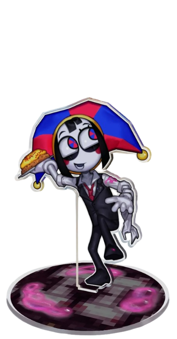 An acrylic standee of Pomni from TADC wearing a butler's suit.